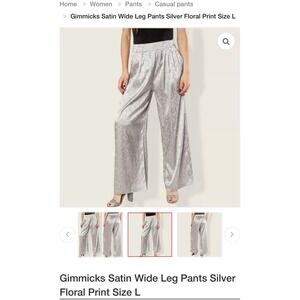Gimmicks Satin Wide Leg Pants Silver‎ Floral Print Women's Size L